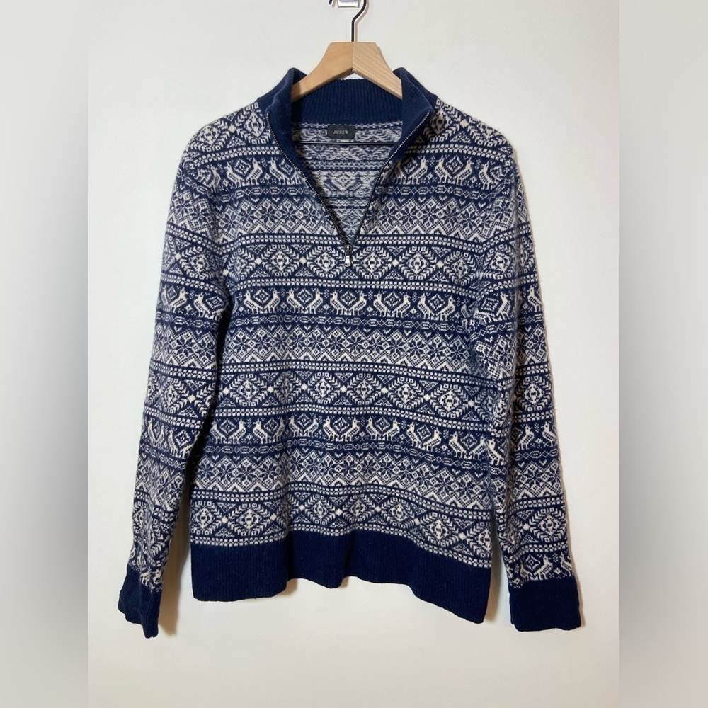 J. crew Mens Lambswool Fair Isle Sweater 1/4 zip pullover Sweater Size Large - Picture 2 of 6